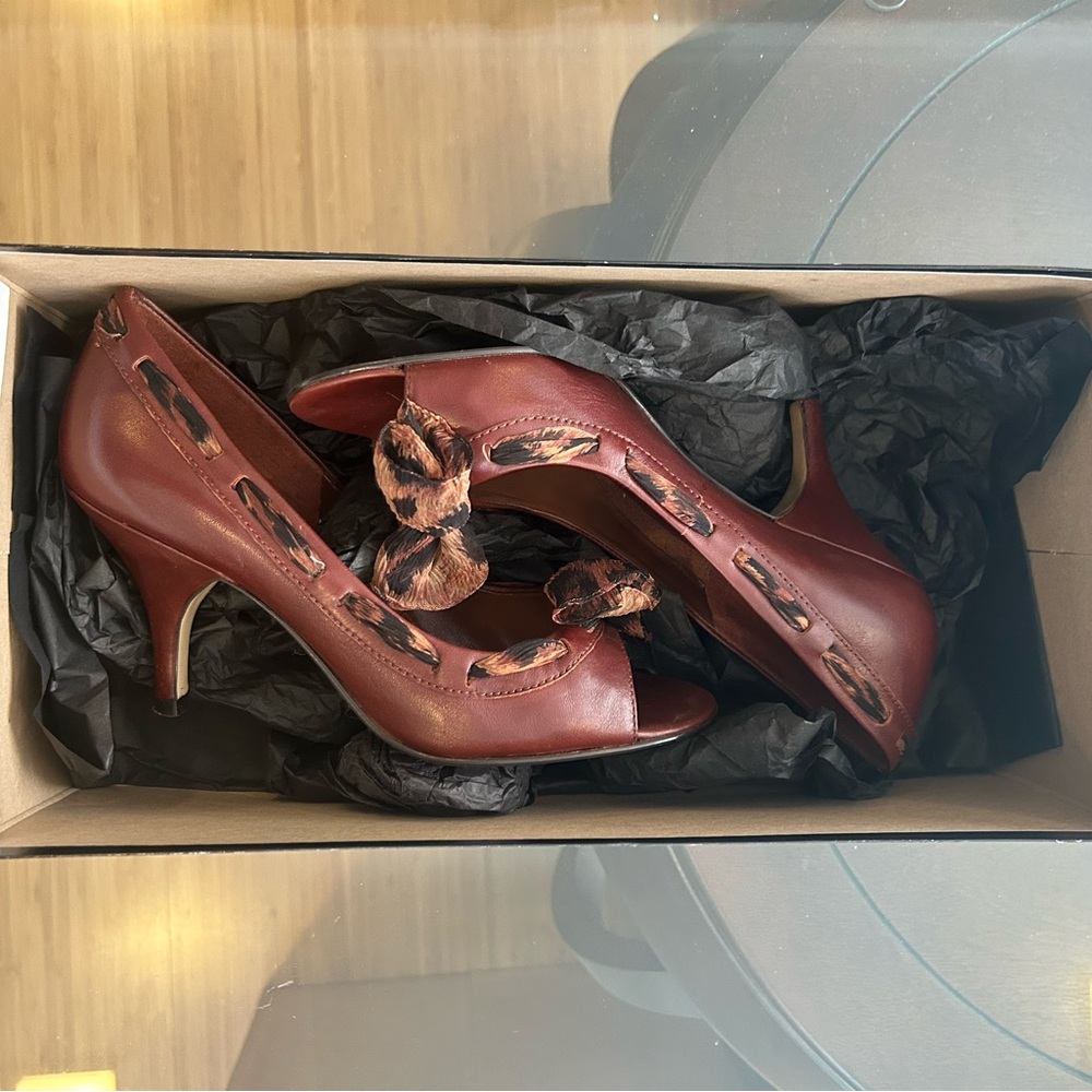 Nine West Brown Peep-Toe Heels with Bow Detail